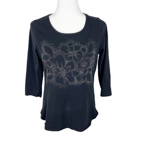 Zenergy by Chico's Blouse Women Small Black Stretch Floral Rhinestone Embellish